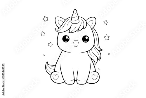 Cute fantasy unicorn icon for children, featuring simple outline illustration for imagination, magic, dreams, and fun coloring activities with stars in the background
