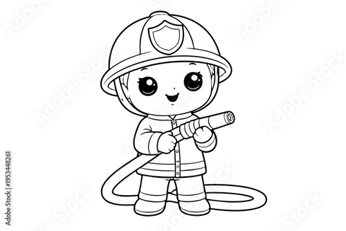 Cute cartoon kid dressed as a firefighter, wearing a helmet and uniform, holding a fire hose, standing and smiling, ready to help as a first responder