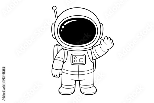 Cute cartoon astronaut character wearing a space suit and helmet, waving hand in a friendly gesture, representing cosmic exploration for children's designs and coloring pages