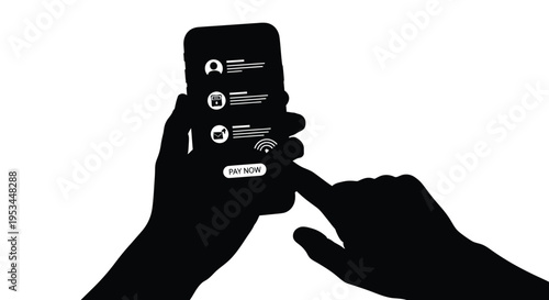 Silhouette vector illustration of hands initiating a mobile payment transaction using a smartphone application interface