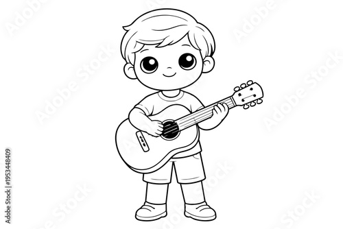Happy little boy learning music, strumming his acoustic guitar and smiling, a cute cartoon character perfect for children's coloring pages and educational activities