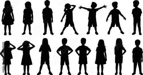 children silhouette collection with boys and girls standing, posing and playing, kid character shapes isolated vector illustration set