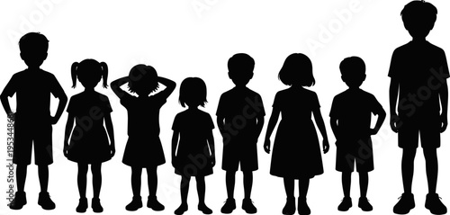 Children silhouettes collection boys and girls standing poses kids childhood people isolated black shape set flat vector illustration