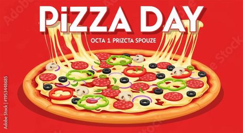 Delicious homemade pizza with melted cheese and various toppings on a red background perfect for food and culinary concepts