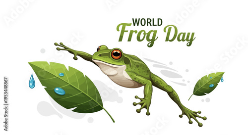 Vector illustration of a green frog jumping with leaves on World Frog Day for amphibian conservation awareness with a wildlife concept.