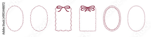 Cute hand drawn coquette red ribbon frames vector set. Whimsical rectangle and oval borders collection. Elegant bow outline template for romantic greeting card, valentine, wedding invitation design