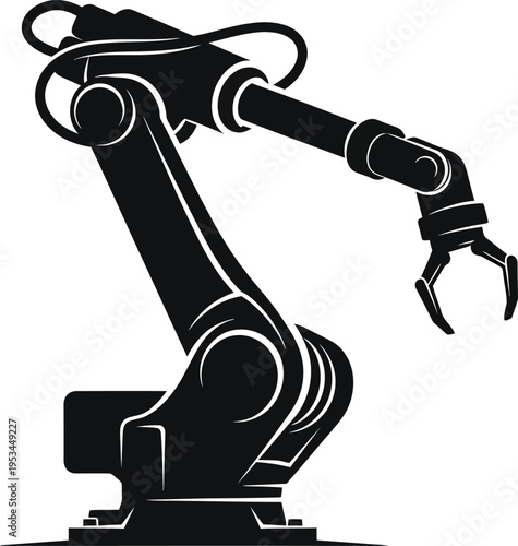 Black robotic arm with mechanical claw isolated on white background for industrial use