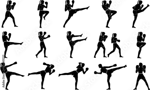 collection of female kickboxing silhouettes showing different fighting poses, martial arts training action set for fitness sport design, flat vector illustration