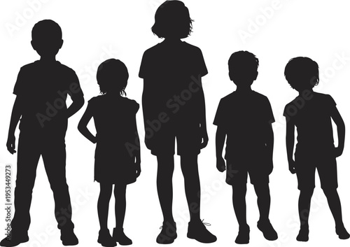 Children silhouettes group, boys and girls standing together, kids outline collection, childhood concept, black isolated shapes, flat vector illustrationChildren silhouettes group, 