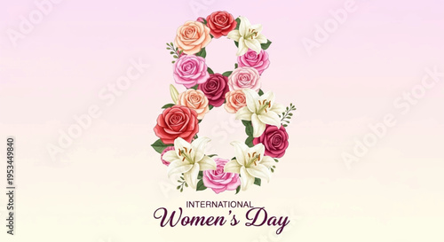 International women's day logo with floral design on pink background celebrating female empowerment and equality
