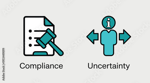 Vector graphic illustration of compliance and uncertainty in business with gavel and person icons