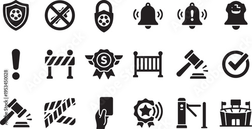 Soccer match rules, penalties, security, and access control vector icon set