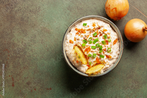 Homemade French Onion Dip with Chips. Top view