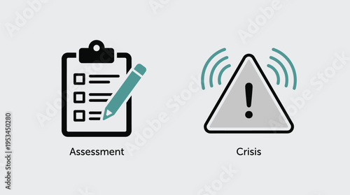 Vector graphic illustration of assessment and crisis management symbols with clipboard and warning signs