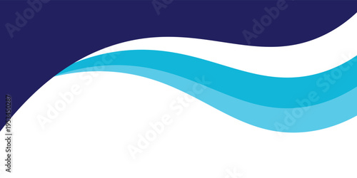 A clean and minimalist abstract background featuring smooth, flowing wave shapes in deep navy blue and vibrant cyan. The design includes a dynamic white curved accent against a crisp white backdrop