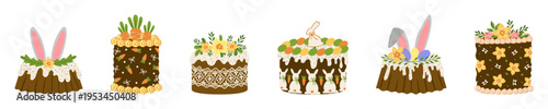 Big set of Easter Cakes with icing and sprinkles, bunny ears, colored eggs and carrots and flowers. Funny Easter cake vector Illustration