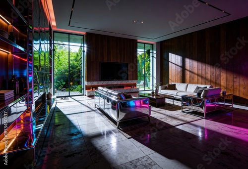 Modern luxury living room illuminating with colorful neon lights
