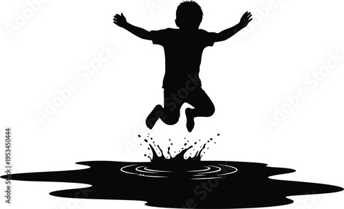 Silhouette of a child jumping into a puddle of water on a white background