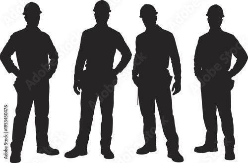 Construction worker silhouettes set, builder men wearing safety helmets, industrial labor poses, engineering job concept, black shapes, flat vector illustration