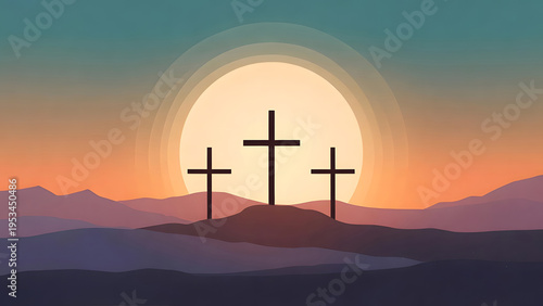Three Crosses on Hill Sunset Christian Faith Illustration