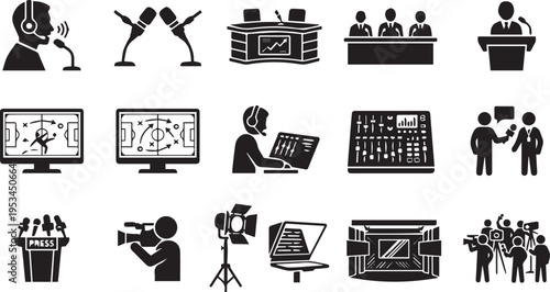 Soccer broadcasting and press conference icons for world cup 2026