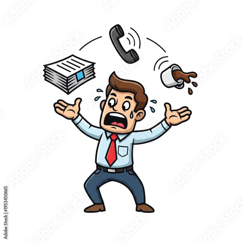 Stressed Businessman Juggling Work Tasks and Coffee with a Ringing Phone Overhead