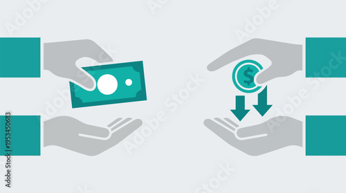 Vector graphic of two hands exchanging money and a coin with arrows