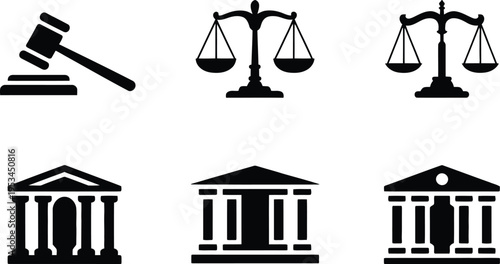 Legal Icons: Gavel, Scales of Justice, Courthouse Buildings - Symbol Set for Law and Justice, Black And White