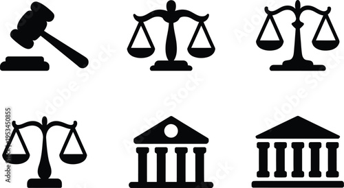 Law icons: gavel, scales of justice, courthouse, and paragraph symbol - black and white simple vector graphics for legal concepts and justice symbols, Legal System