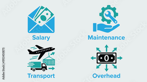 Business expense categories including salary, maintenance, transport, and overhead costs illustrated in a vector graphic design
