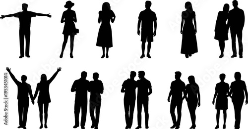 Couple and people silhouettes collection, men women standing walking together poses, relationship lifestyle concept isolated, flat vector illustration