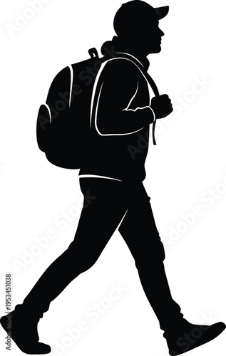 Black silhouette of a man walking with a backpack on white background