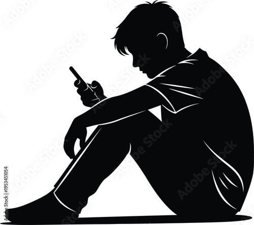 Silhouette of a young man sitting on the floor with a mobile phone isolated on white background