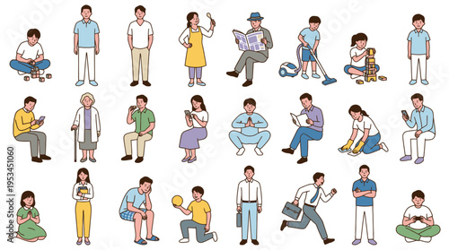 Diverse people icons performing daily life activities | flat vector characters set for household tasks and leisure | isolated illustration