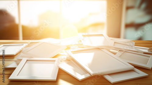 Blank picture frames scattering on a wooden table, warm sunlight illuminating an empty space for memories