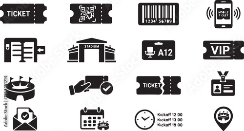 Soccer stadium ticket and match entry icons for world cup