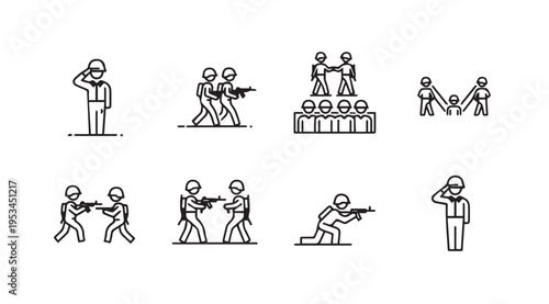 Soldier Icons Set Military Operations Combat and Teamwork Line Art