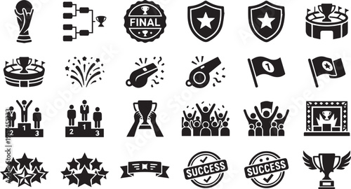 Soccer championship winner and trophy icons for world cup tournament