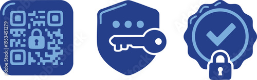 Set of 3 security icons vector, blue lock, key, qr code