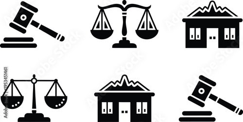 Legal icons set featuring a judge's gavel, scales of justice, and stylized modern courthouse buildings with geometric designs, symbolizing law and judicial processes