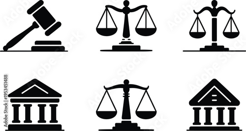 Collection of graphic icons for law and justice: gavel, scales, courthouse structures, and a personified scale with a judge's hammer, representing legal order and judgment