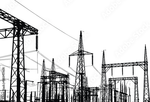 Silhouette of electrical substation with transmission towers, power lines, transformers, and infrastructure components, energy distribution icon for engineering, electricity systems
