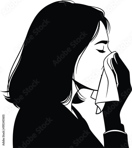 Black and white illustration of a woman blowing her nose on a tissue isolated on white background