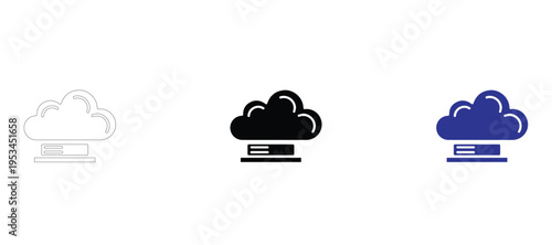  Cloud Computing Progress Bar Icon Set, Digital Data Upload and Storage Processing Vector Symbols in Outline, Glyph, and Flat Blue Styles for Hosting Services and Web Technology Assets