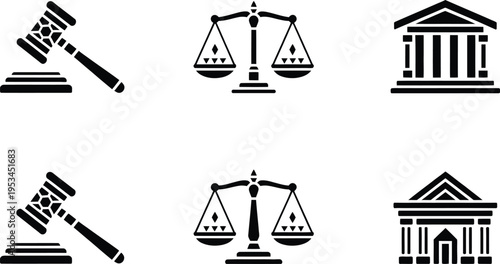 Icon set for law and justice: gavel, courthouse, and scales of justice, rendered as black silhouettes on a white background for conceptual use