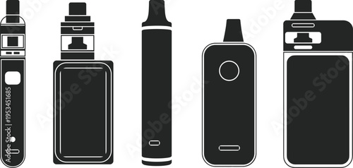 Silhouettes of diverse vaping devices and electronic cigarettes, showcasing box mods, vape pens, tanks, and mouthpieces, highlighting modern e-cigarette design
