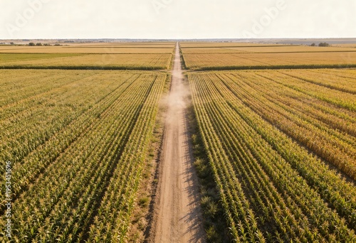 Straight dirt road cutting through vast golden cornfields