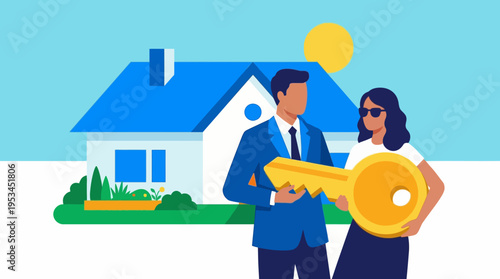 An illustrated scene depicting a man in a suit and a woman in sunglasses holding a large golden key in front of a new house under a sunny sky, symbolizing home ownership.