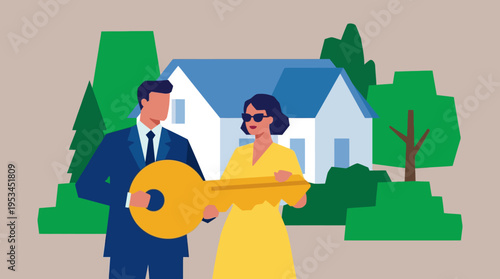 A man in a suit hands a large golden key to a woman in a yellow dress in front of a new house, symbolizing home ownership and real estate transaction.