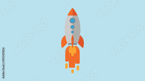 A cartoon-style rocket launching upwards with orange flames against a light blue background, depicting space travel and exploration.